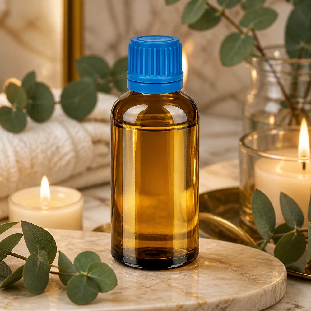 Pieni 50ml apteekkipullo ruskeasta lasista, jossa on käytännöllinen sininen korkki eteerisille öljyille.