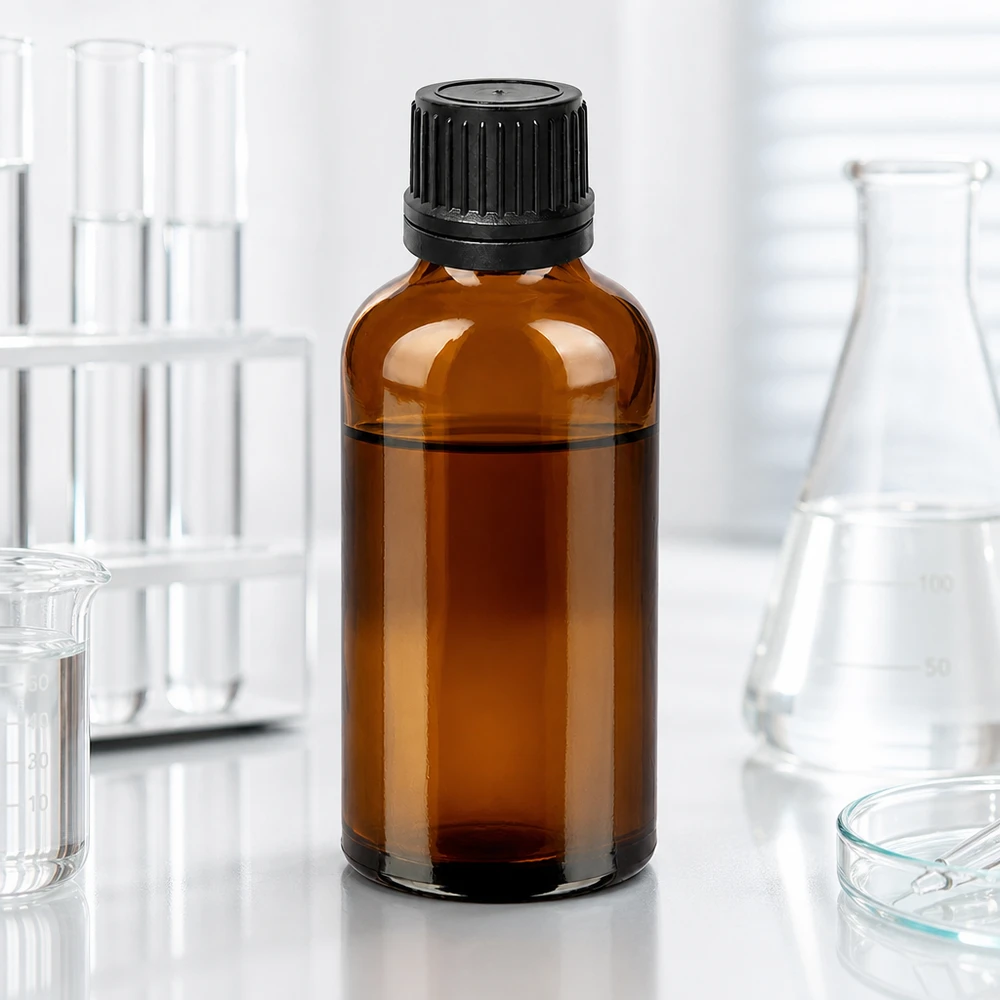 BrownLine tippapullo 50ml mustalla korkilla - ihanteellinen laboratorioihin ja apteekkeihin.