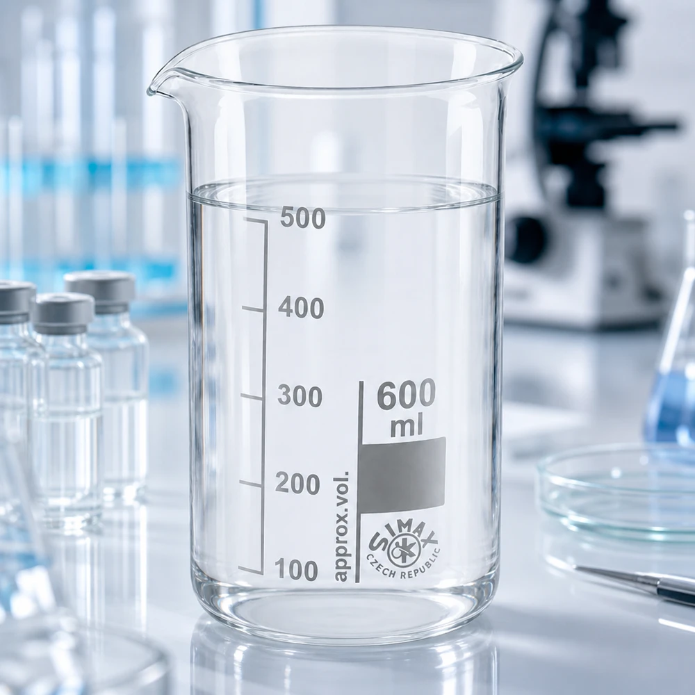 600 ml borosilikaattilasi, korkea muotoinen juomalasi Tyhjä 600 ml:n korkea mittalasi, valmistettu kirkkaasta borosilikaattilasista, asteikolla varustettu, laboratoriopöydällä