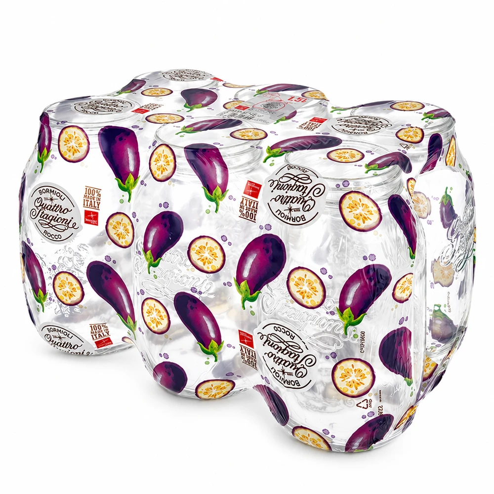 1500ml pyöreä purkki "Quattro Stagioni" QS86mm. Quattro Stagioni Einmachgläser 1500ml mit Auberginen-Dekor, italienische Haushaltsgläser für Küche und Vorratshaltung