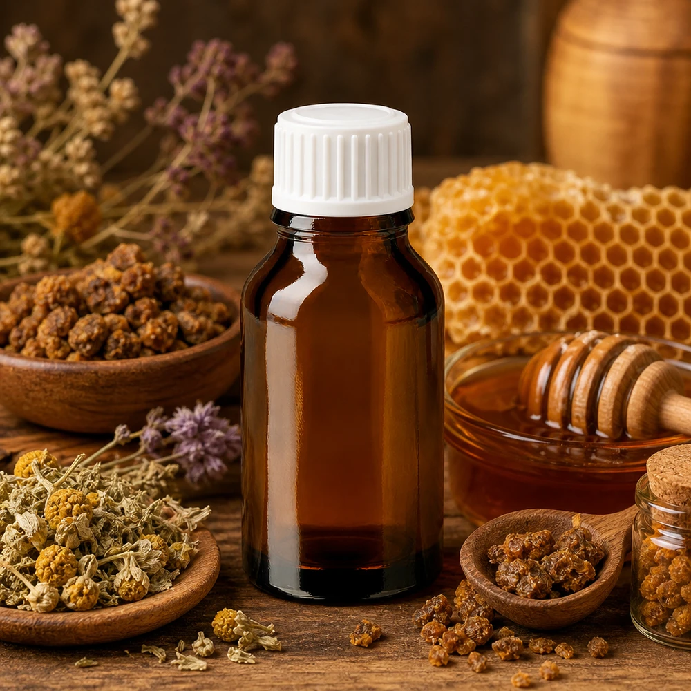 Apteekkipullo ruskea 30ml kierrekorkki valkoinen standardi Ruskea 30 ml:n apteekkipullo, lasia, valkoisella korkilla, jota ympäröi propolis, hunajakenno ja yrtit