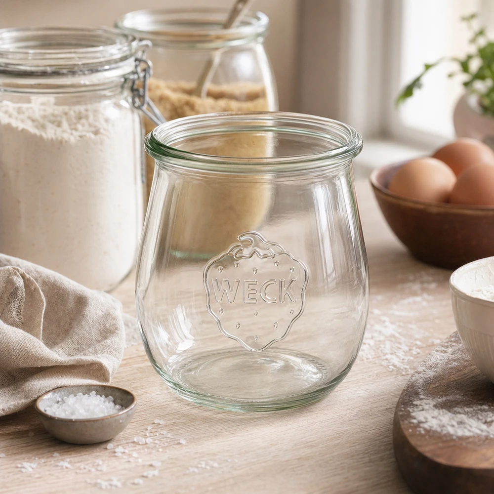 220ml tulppaanipurkki WECK RR60 WECK tulppaanipurkki 220ml RR60 läpinäkyvä tyhjä keittiössä, jossa on jauhoja, munia ja leivonta-aineita puupöydällä