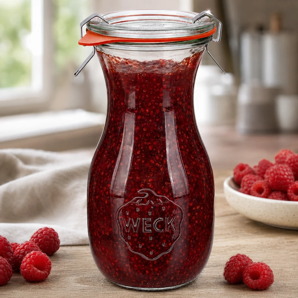 WECK-mehupullo 290ml RR60 täynnä vadelmahilloa ja keinukorkki puupöydällä, jossa on tuoreita vadelmia.