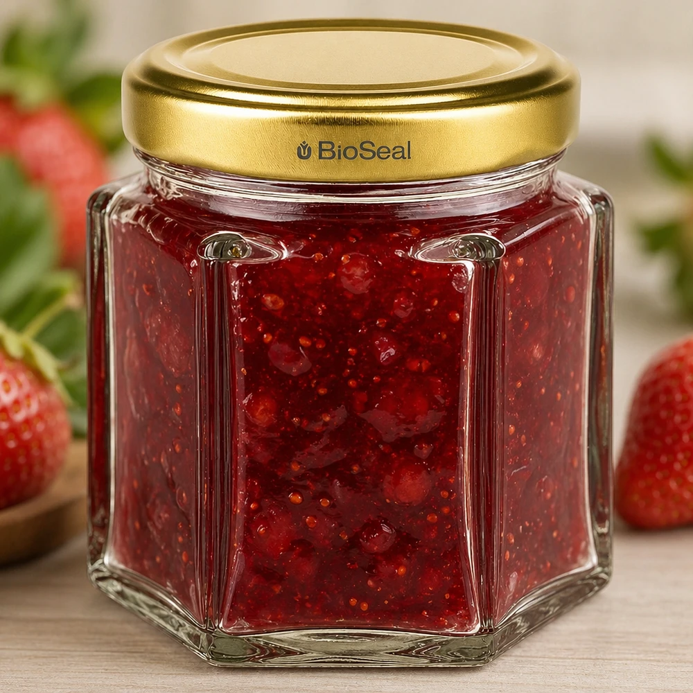 BioSeal 60g hunajapurkki kuusikulmainen täynnä mansikkahilloa ja kultainen keittiötyylinen kierrekorkki.