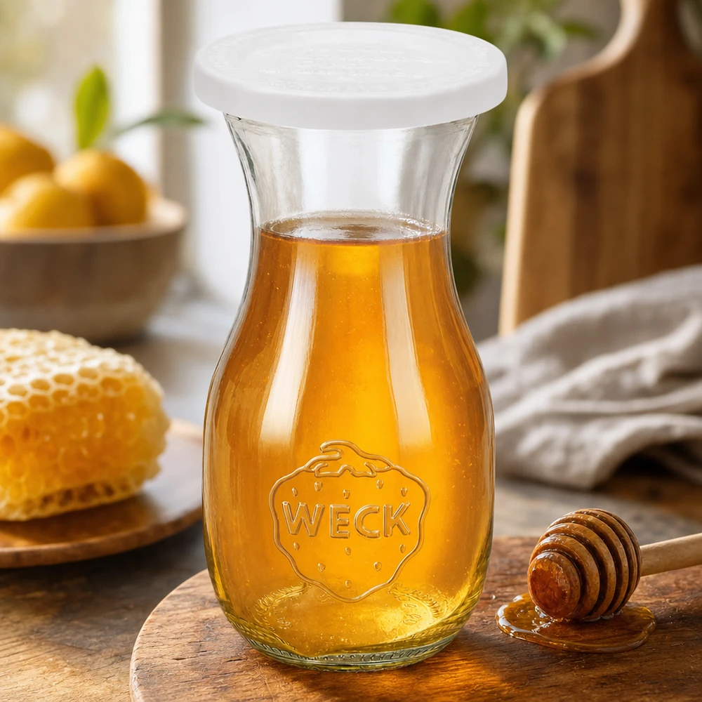 290 ml:n mehupullo tuoreuskannella, WECK RR60 WECK 290ml mehupullo, jossa on RR60 tuore kansi, täynnä kultaista hunajaa hunajalusikan ja hunajakennon vieressä.