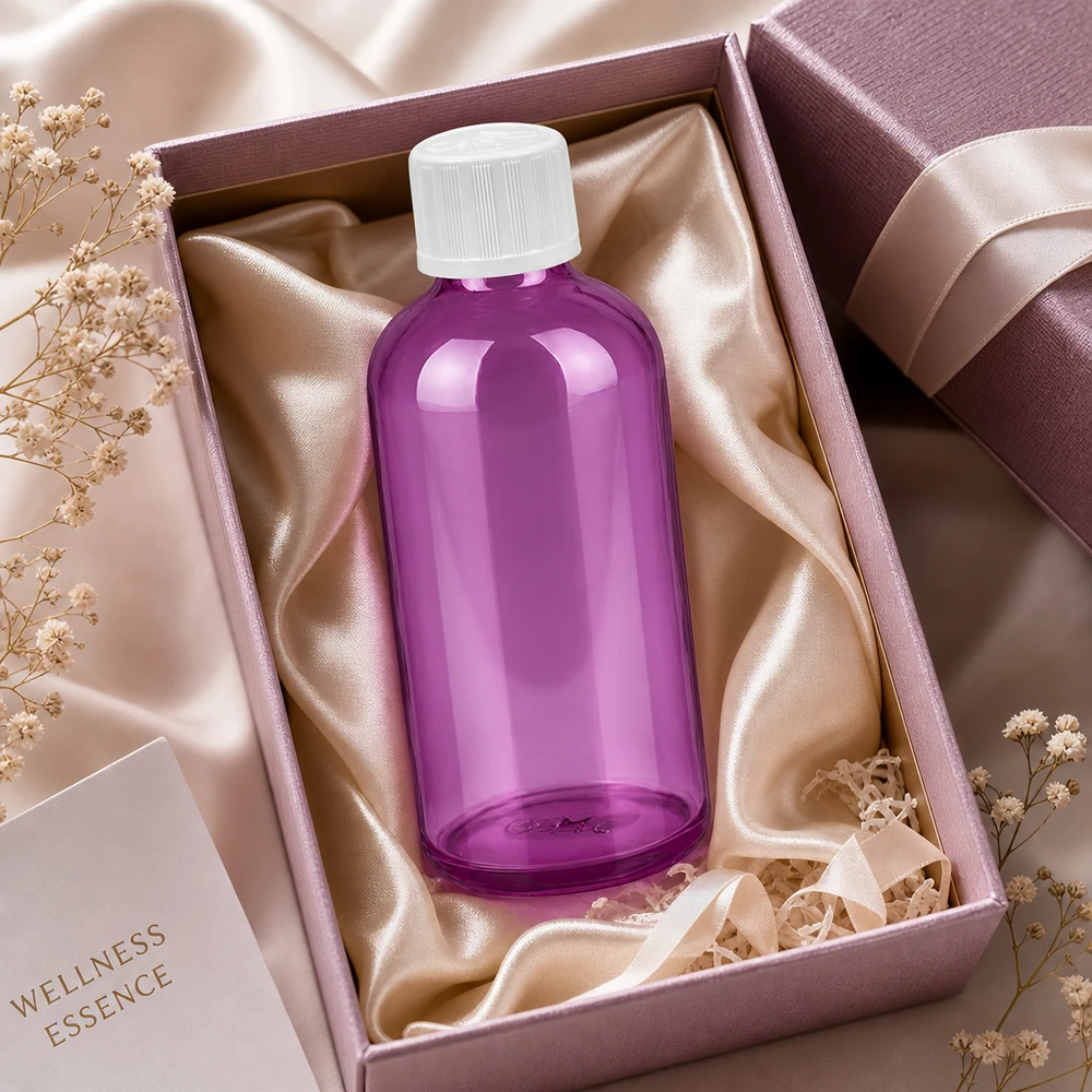 Violetti lasipullo 100ml ylellisessä lahjapakkauksessa, jossa on satiinivuori ja nauha.