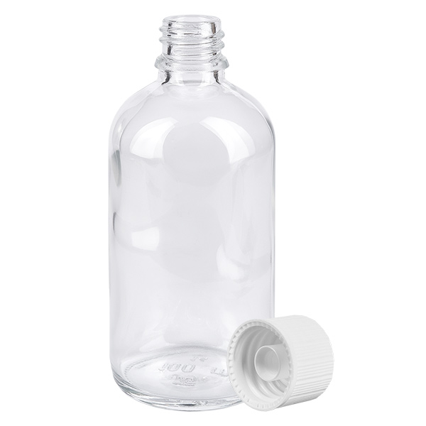 100ml pullo 11mm kierrekorkki valkoinen standardi ClearLine UT18/100 Avoin 100 ml:n apteekkipullo kirkkaasta lasista, jossa on valkoinen 11 mm:n turvakorkki