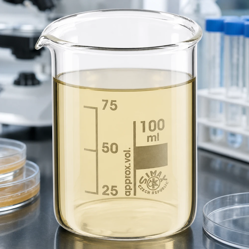 Läpinäkyvä 100 ml:n dekantterilasi, jossa on keltainen neste ja tarkka asteikko.