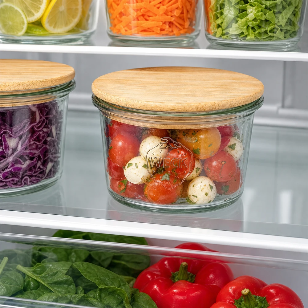 35ml minipurkki WECK RR40, jossa on puinen kansi WECK Mini Sturzglas 35ml mit Bambus Holzdeckel zur Aufbewahrung von Tomaten und Mozzarella im Kühlschrank organisiert