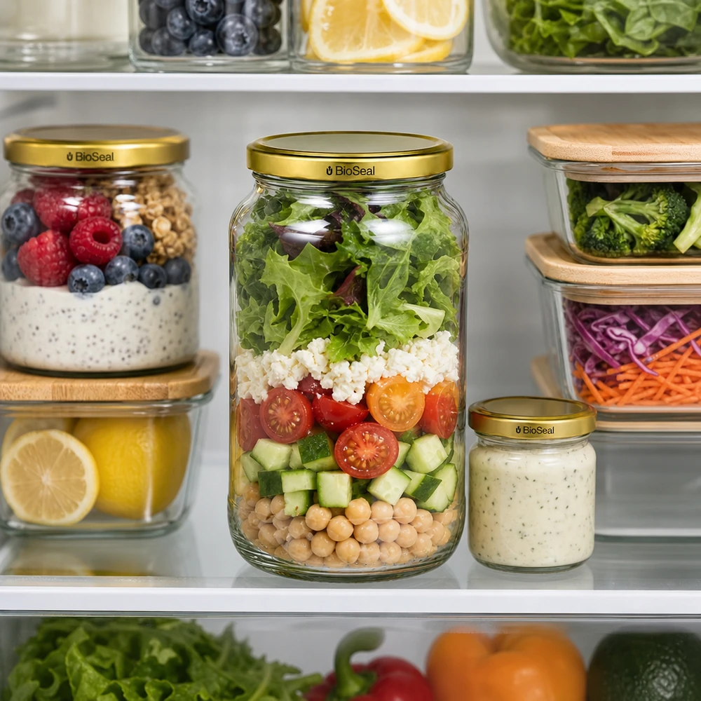 1062ml pyöreä purkki kultaisella UNiTWIST BioSeal-kannella. UNiTWIST Runda1062 Meal Prep Jääkaappisalaatti kerroksellinen salaatti TO82 BioSeal Gold Lid Säilytyspurkki pitää tuoreena