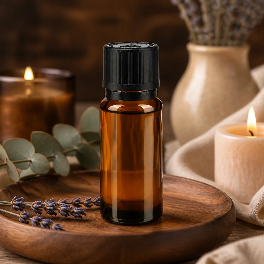 Apteekkipullo ruskea 10ml tiputuskorkki valurengas 1mm musta lapsilukko sokea varoitussymboli peukaloinninestokorkki St. 10 ml:n aromaterapia-tiputuspullo apteekkilasista, jossa on turvakorkki, puulevyllä