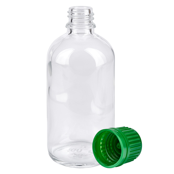 100ml pullo 11mm kierrekorkki vihreä väärentämisen estävä korkki ClearLine UT18/100 Tyhjä 100 ml:n ClearLine-lasipullo, josta on irrotettu alkuperäinen vihreä 11 mm:n kierrekorkki