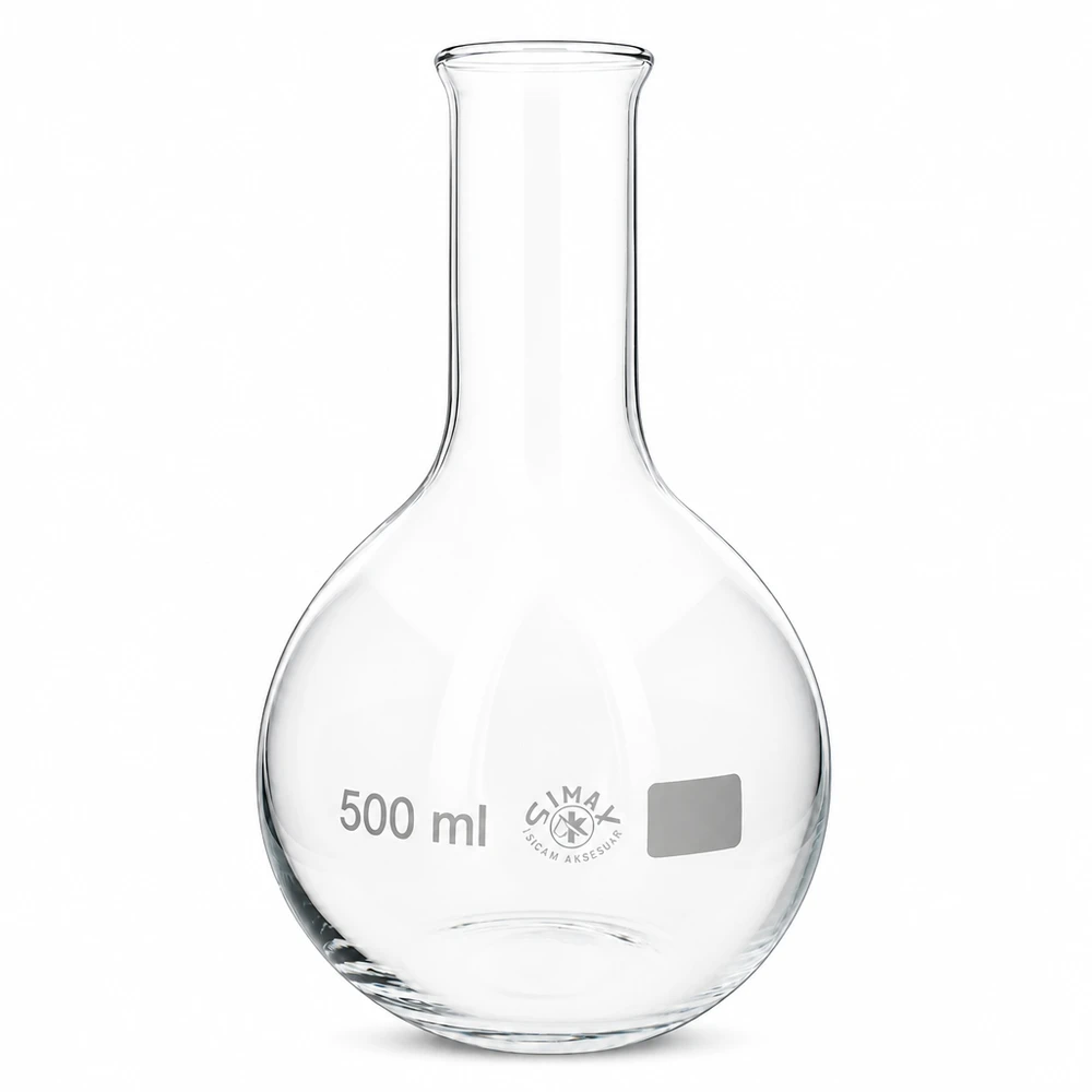 Lantiopullo 500ml kapeakaulainen Laboratoriopullo 500ml, jossa on kapea kaula ja pyöreä pohja tarkkoihin mittauksiin.