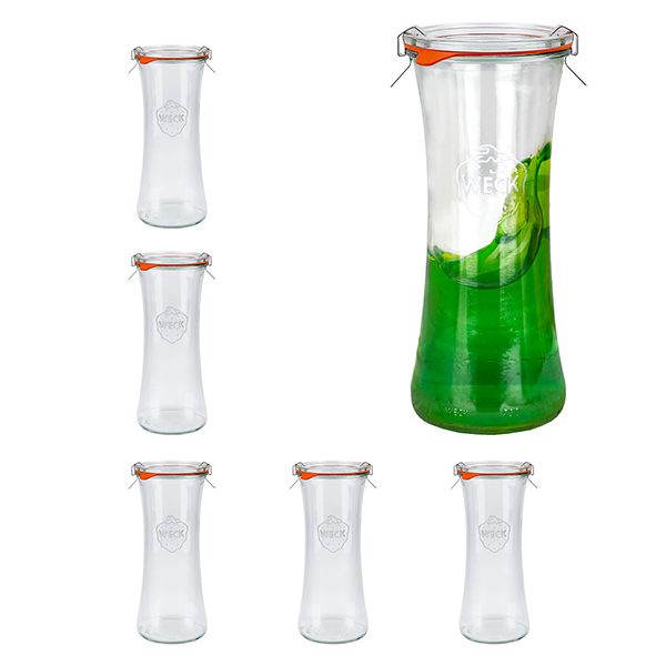6 Weck-purkin setti 700 ml:n herkkupurkki, jossa on lasikannet.
