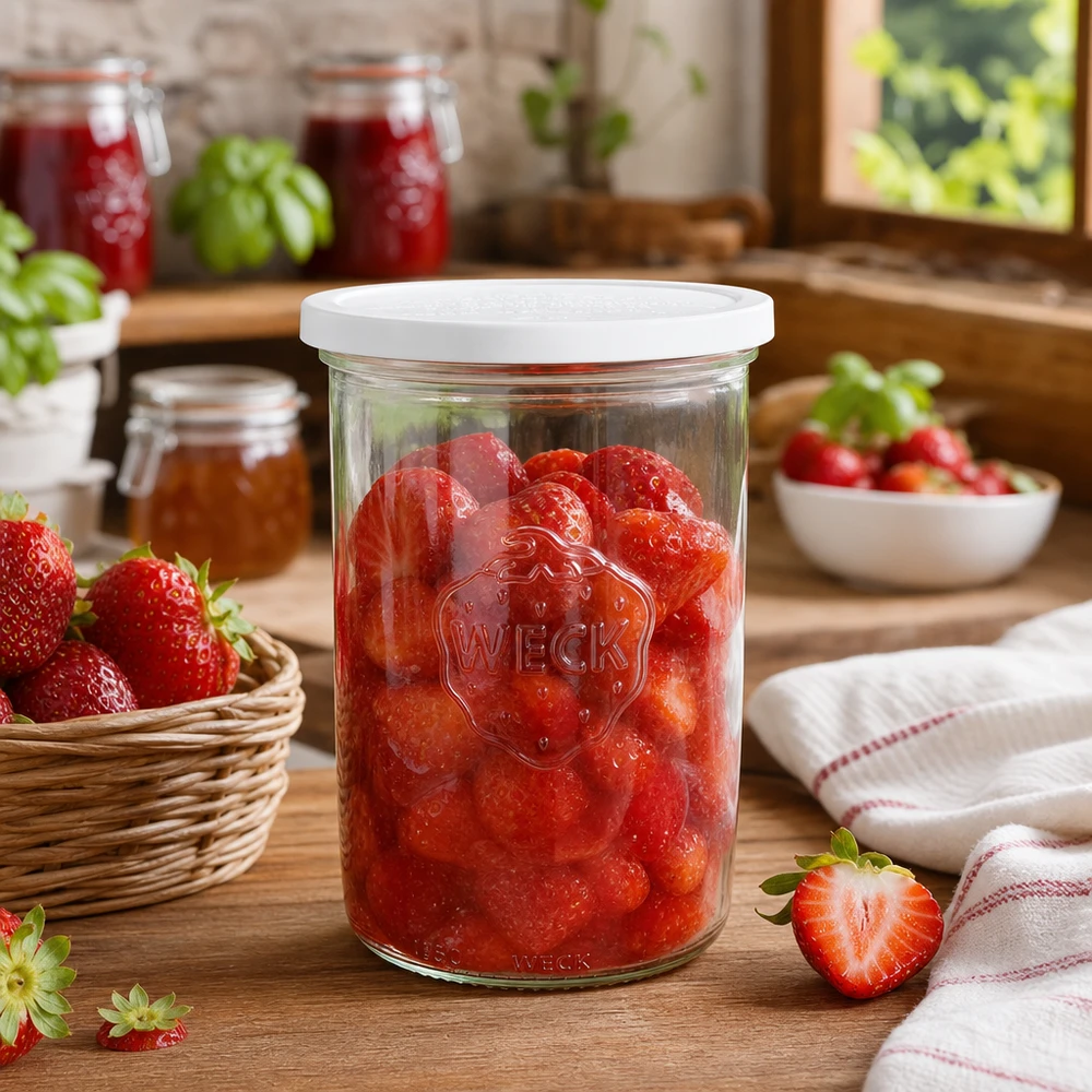 1000ml lasipurkki, jossa on kansi WECK RR100 WECK säilöntätölkki 1000ml RR100, jossa on marinoituja mansikoita maalaismaisessa keittiössä tuoreiden hedelmien kanssa