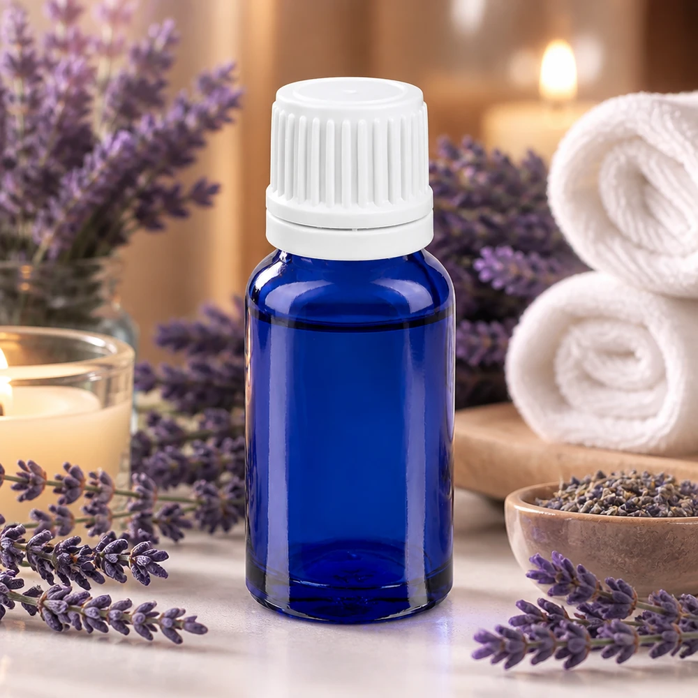 Pieni sininen lasipullo 10ml valkoisella tippapullolla eteerisiä öljyjä ja aromaterapiaa varten.