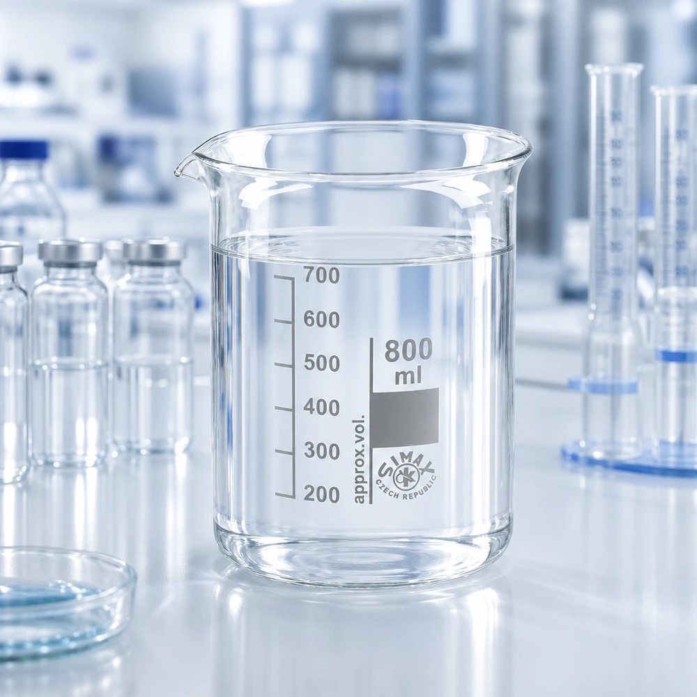 Ammattikäyttöön tarkoitettu 800 ml:n laboratorioannostelupannu, jossa on matala muotoilu ja joka on valmistettu kemikaalinkestävästä borosilikaattilasista.