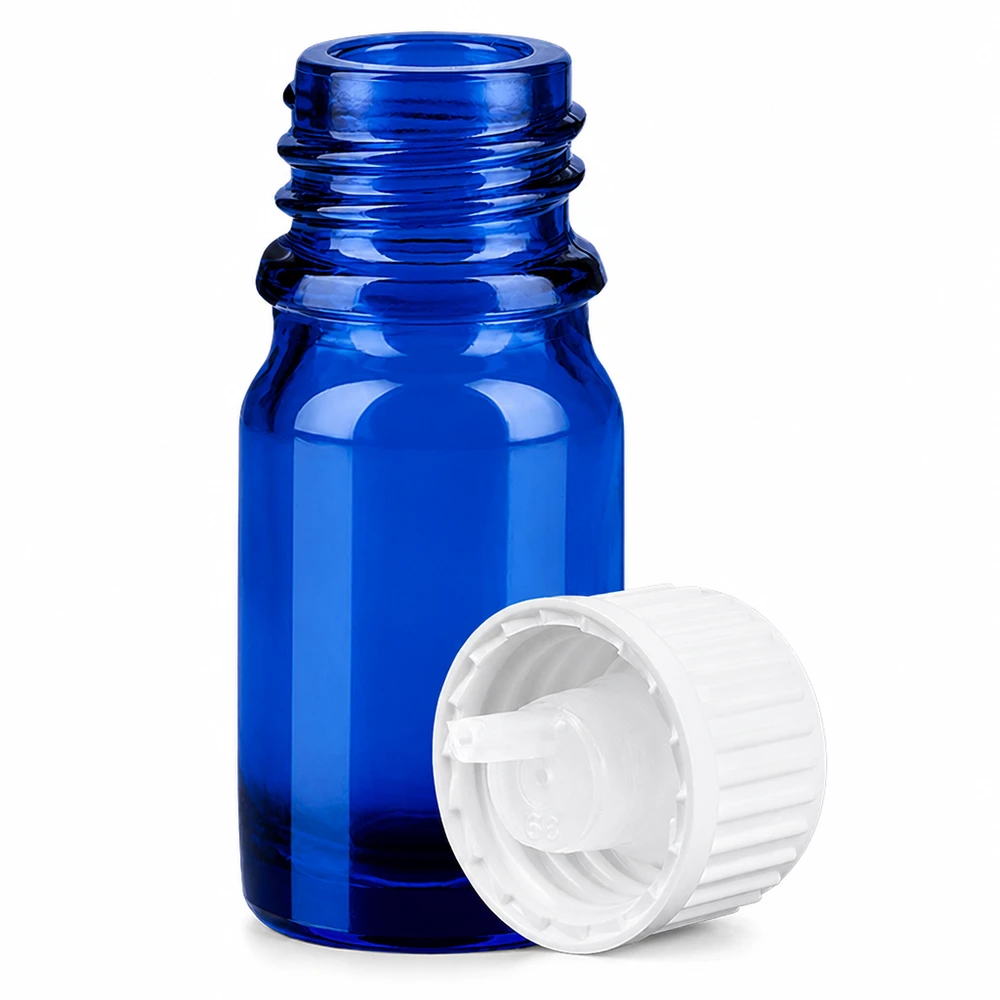 5ml tippapullo 0.9mm valkoinen vakiokorkki BlueLine UT18/5 BlueLine UT18/5 Sininen lasipullo 5ml tippakorkilla STD BlueLine eteerisille öljyille ja nesteille.