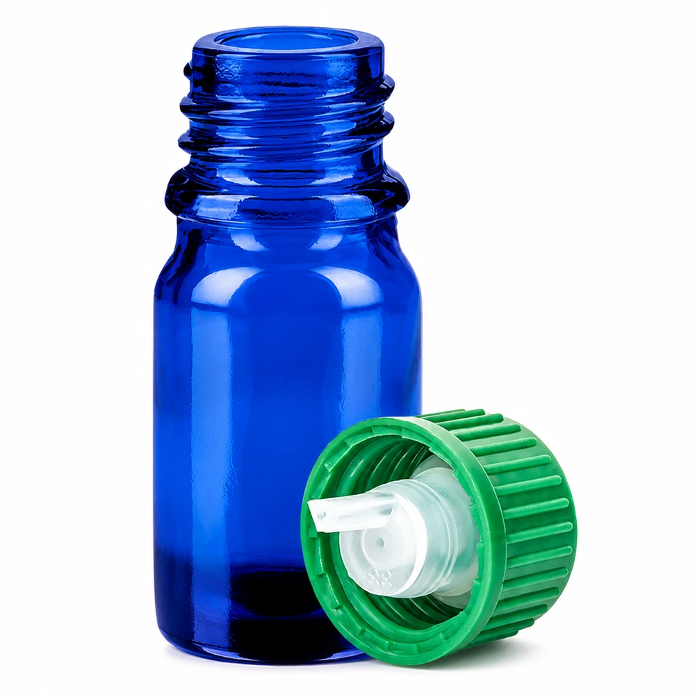 Sinisestä lasista valmistettu 5ml tippapullo, jossa on 0.8mm tippaputki lääkkeille ja eteerisille öljyille.