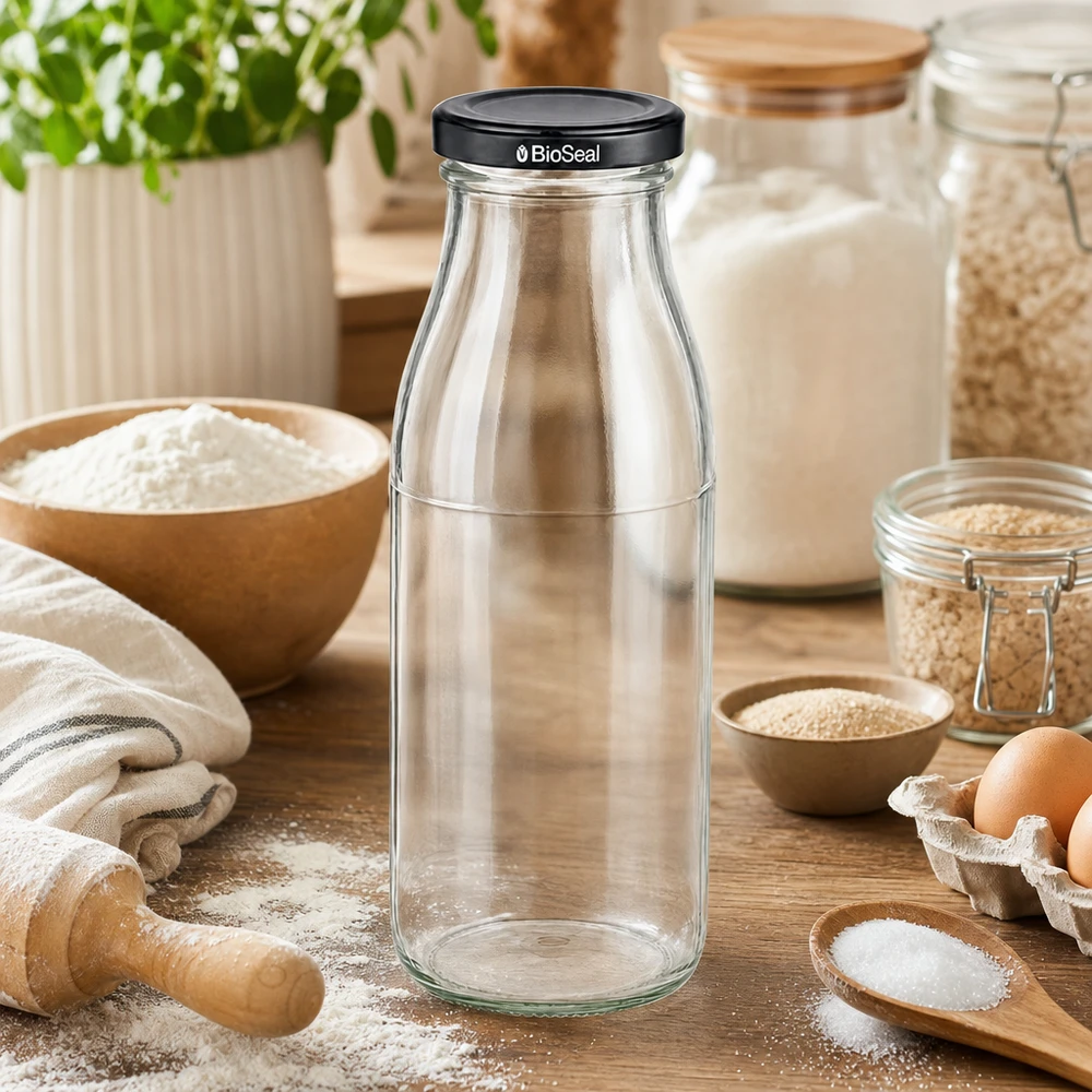 500ml lasipullo + BioSeal-korkki musta UNiTWIST 500ml Glasflasche mit BioSeal Deckel in rustikaler Küche zwischen Backzutaten Mehl und Eiern für Kochbegeisterte