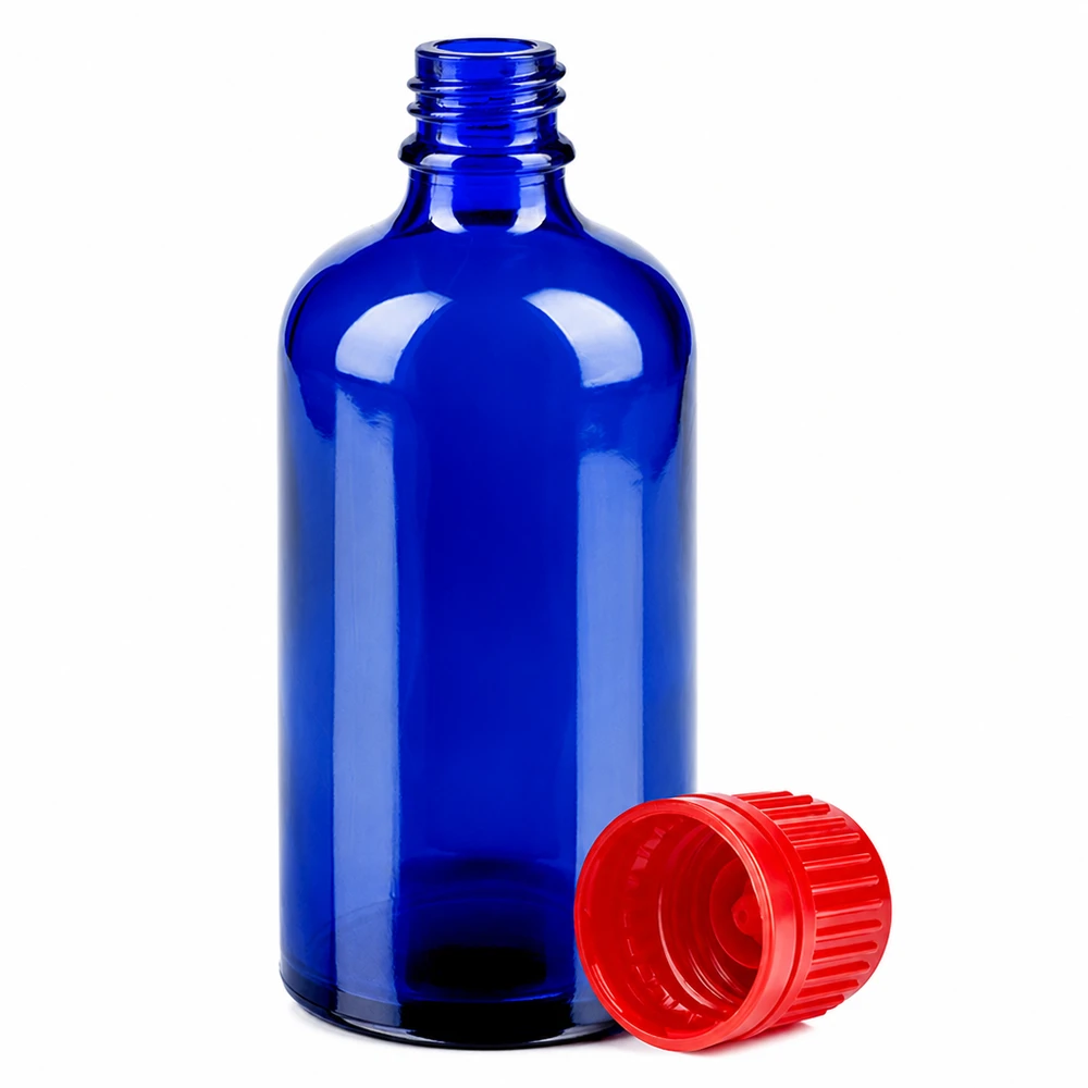 100ml lasipullo BlueLine UT18, jossa on 11mm korkki farmaseuttisiin sovelluksiin