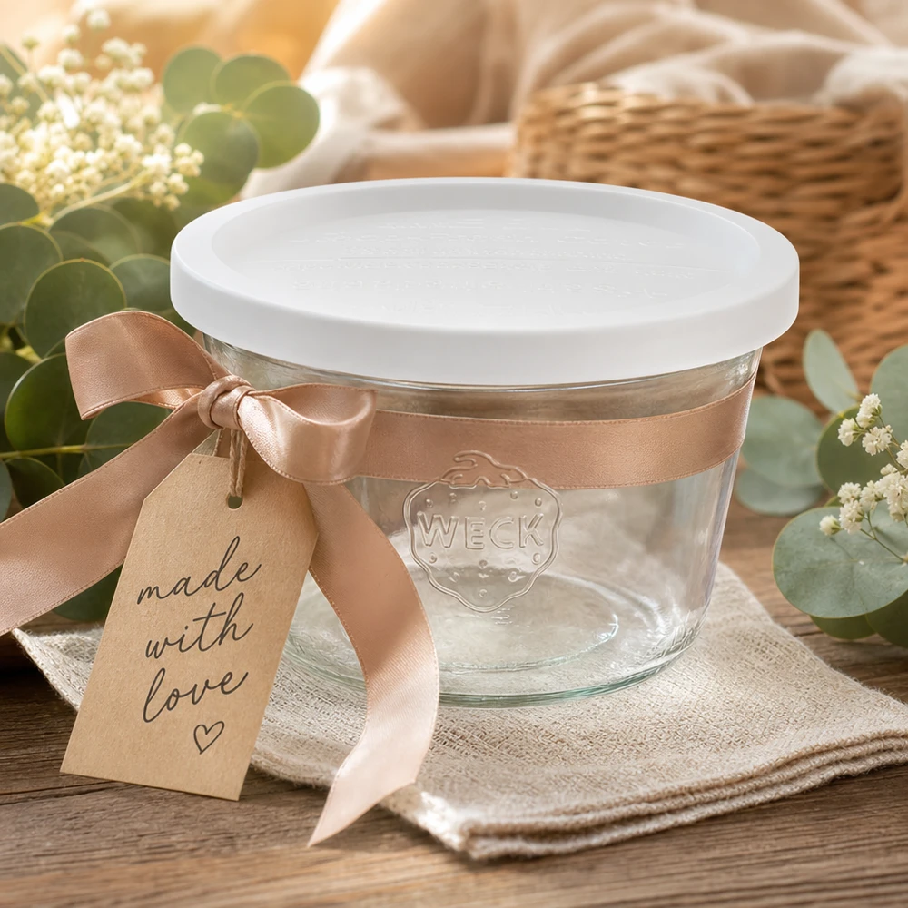 WECK tumblers 370ml RR100 koristeellisesti esitelty rusetti ja lahjatarra Made with Love puupöydällä.