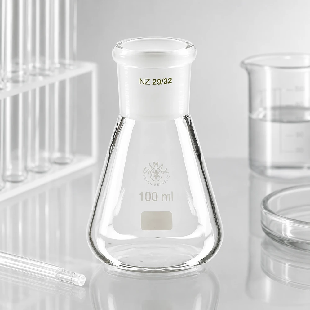 Erlenmeyer-pullo 100ml, jossa on vakiohiottu liitos (29/32). Erlenmeyer-pullo 100ml, jossa on vakiohiottu liitos (29/32).