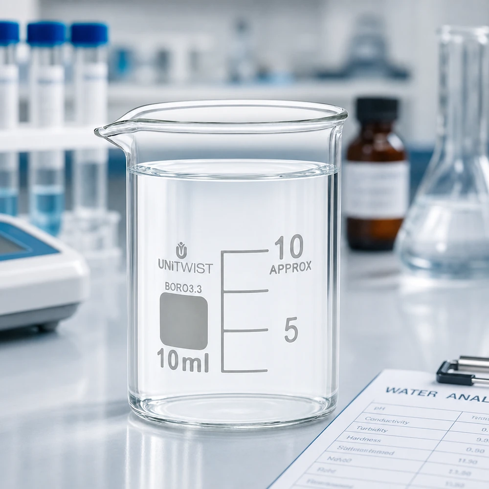 Juomalasi 10ml borosilikaatti, matala muotti UNiTWIST UNiTWIST 10 ml:n matalaprofiilinen lasiastia, valmistettu laboratoriossa käytettävästä lämmönkestävästä borosilikaattilasista 3.3