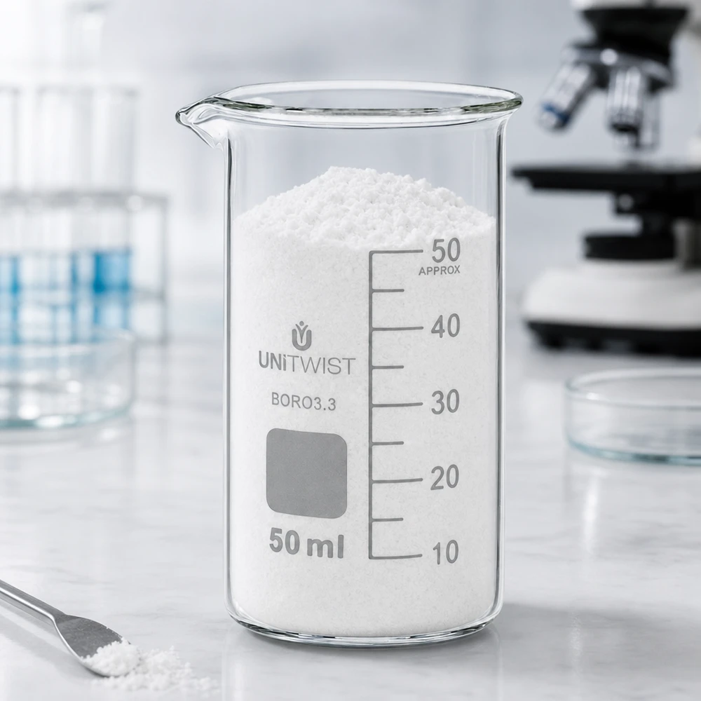 50 ml:n dekantterilasi, korkea muotti UNiTWIST UNiTWIST UNITWIST-mitta-astia, 50 ml, korkea malli, borosilikaattilasia, täytetty valkoisella jauheella laboratoriossa