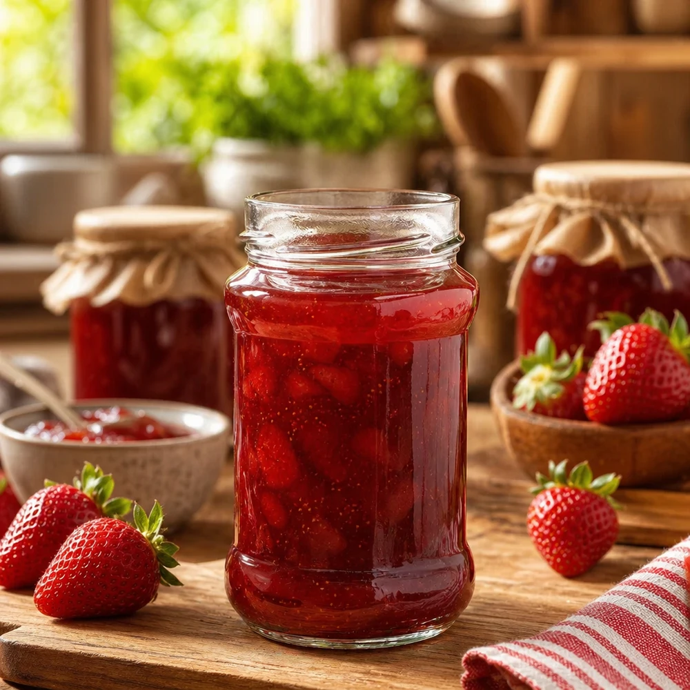390ml pyöreä purkki ilman kantta (TO66syvä) UNiTWIST Pyöreä 390 ml:n purkki täynnä mansikkahilloa puupöydällä, takana tuoreita mansikoita ja muita hillopurkkeja.