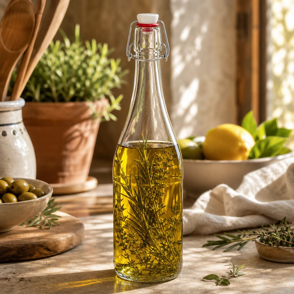 750ml lasipullo swing top täynnä yrttiöljyä Sovellus esimerkki Keittiö Välimeren koristeellinen