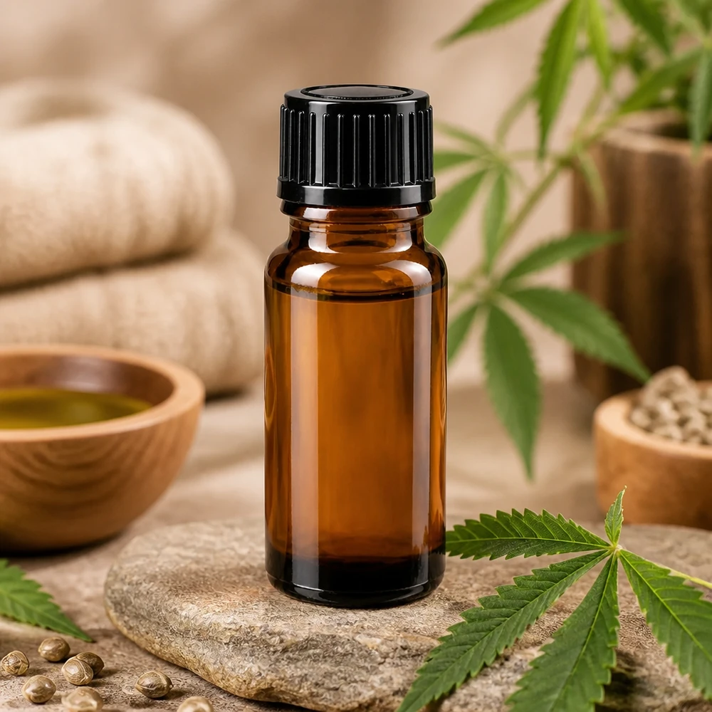 Apteekkipullo ruskea 10ml tiputuskorkki 1mm musta standardi 10 ml:n ruskealasi-pullo, jossa on musta tippakorkki, kannabiksen lehtien ja hampunsiementen vieressä