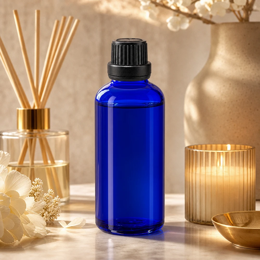 Apteekkipullo sininen 50ml tiputuskorkki valurengas 2mm musta peukaloinninesto suljin Sininen 50 ml:n tiputuspullo, jossa on 2 mm:n annostelukärki ja musta korkki, marmoripohjalla, huonotuoksun tunnelmaa luomassa