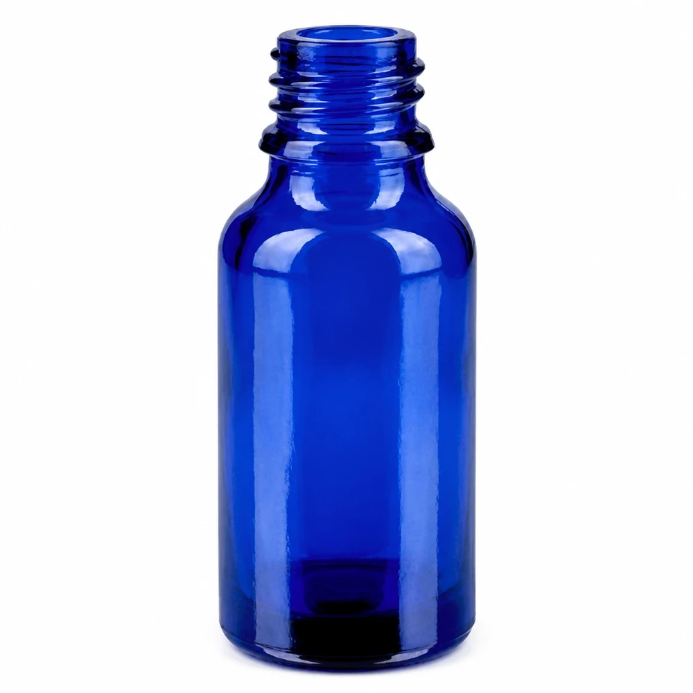 20ml suihkepullo valkoinen/läpinäkyvä vakiokorkki BlueLine UT18/20 Pieni 20 ml:n lasipullo, sininen, ruuvikierteellä, suihkutuslisäaineille ja kosmetiikkatuotteille.