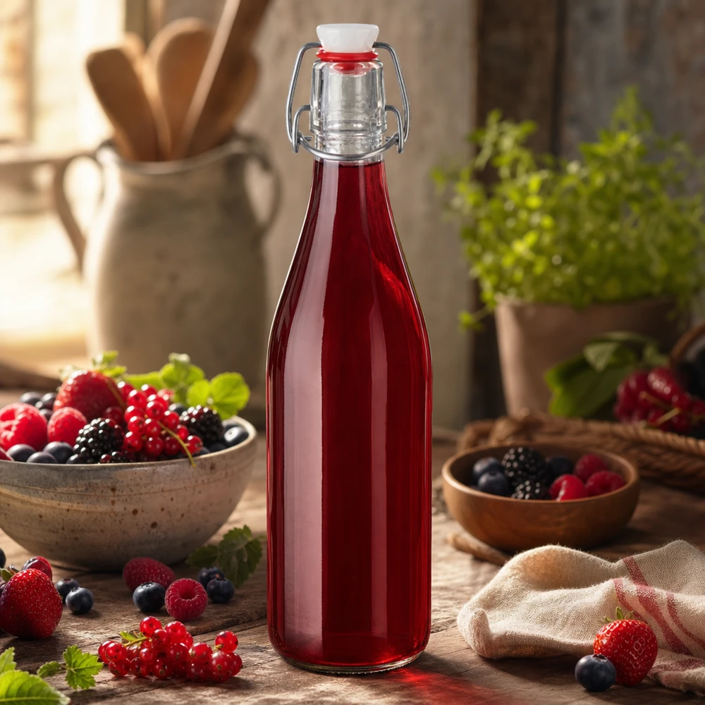 500ml lasipullo + kiikku PVC UNiTWIST 500ml Glasflasche Bügelverschluss mit rotem Beerensaft gefüllt Fruchtsäfte Smoothies selbstgemacht Küchendeko