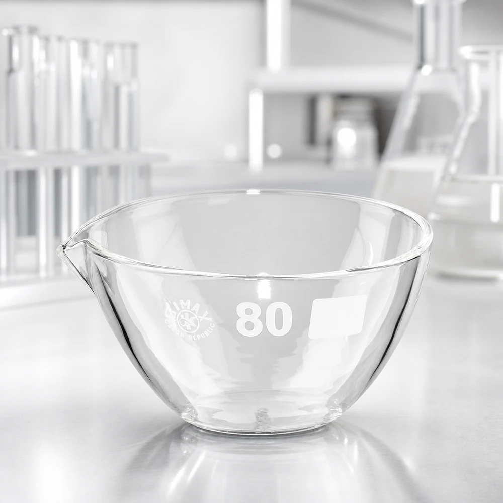 Läpinäkyvä lasikulho 90ml, jossa on laadukkaasta borosilikaatista valmistettu nokka, ammattimaiseen laboratoriolaitteistoon.