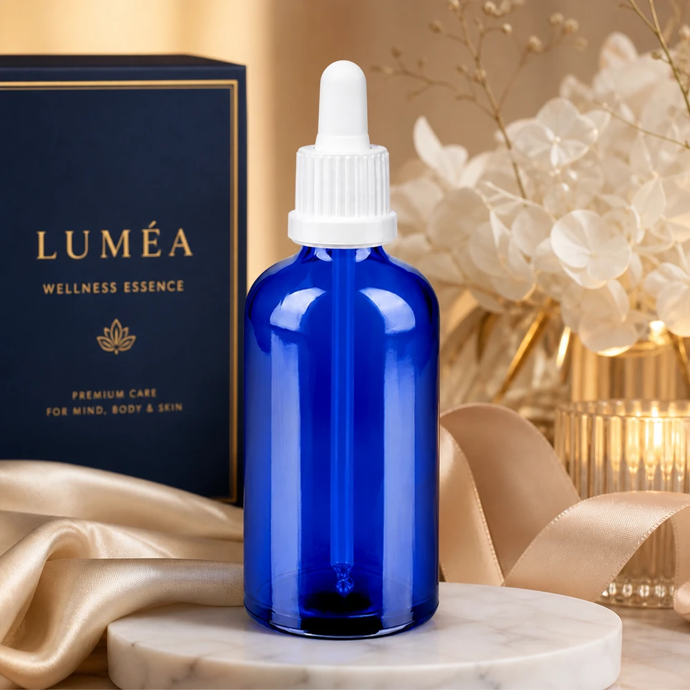 Tyylikäs sininen 100ml lasipullo valkoisella pipetillä seerumeille ja wellness-essansseille BlueLine UT18/100