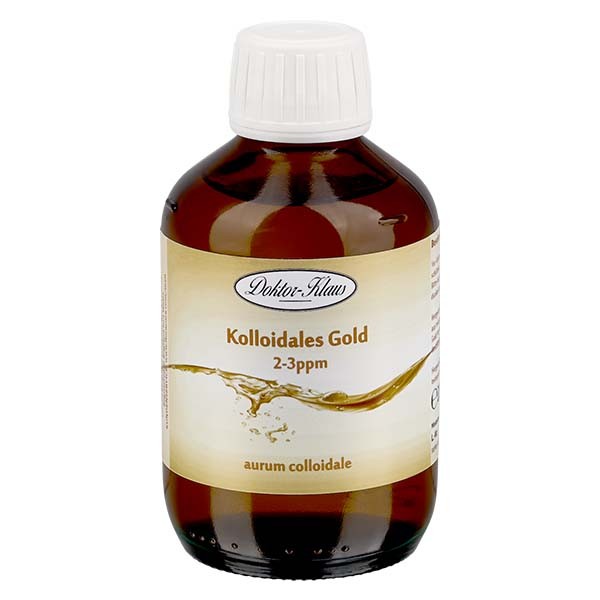 200 ml kolloidista kultaa Doktor-Klaus, 2-3ppm, meripihkanvärinen lasipullo, jossa on väärentämisen varmentava sulkeminen.