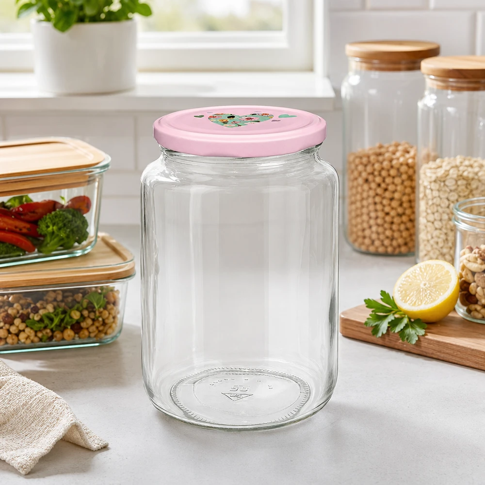 795ml pyöreä purkki + BasicSeal kansi sydän vaaleanpunainen UNiTWIST Vorratsglas 795ml in Küche mit rosa Herzdeckel für Lebensmittelaufbewahrung neben anderen Glasbehältern