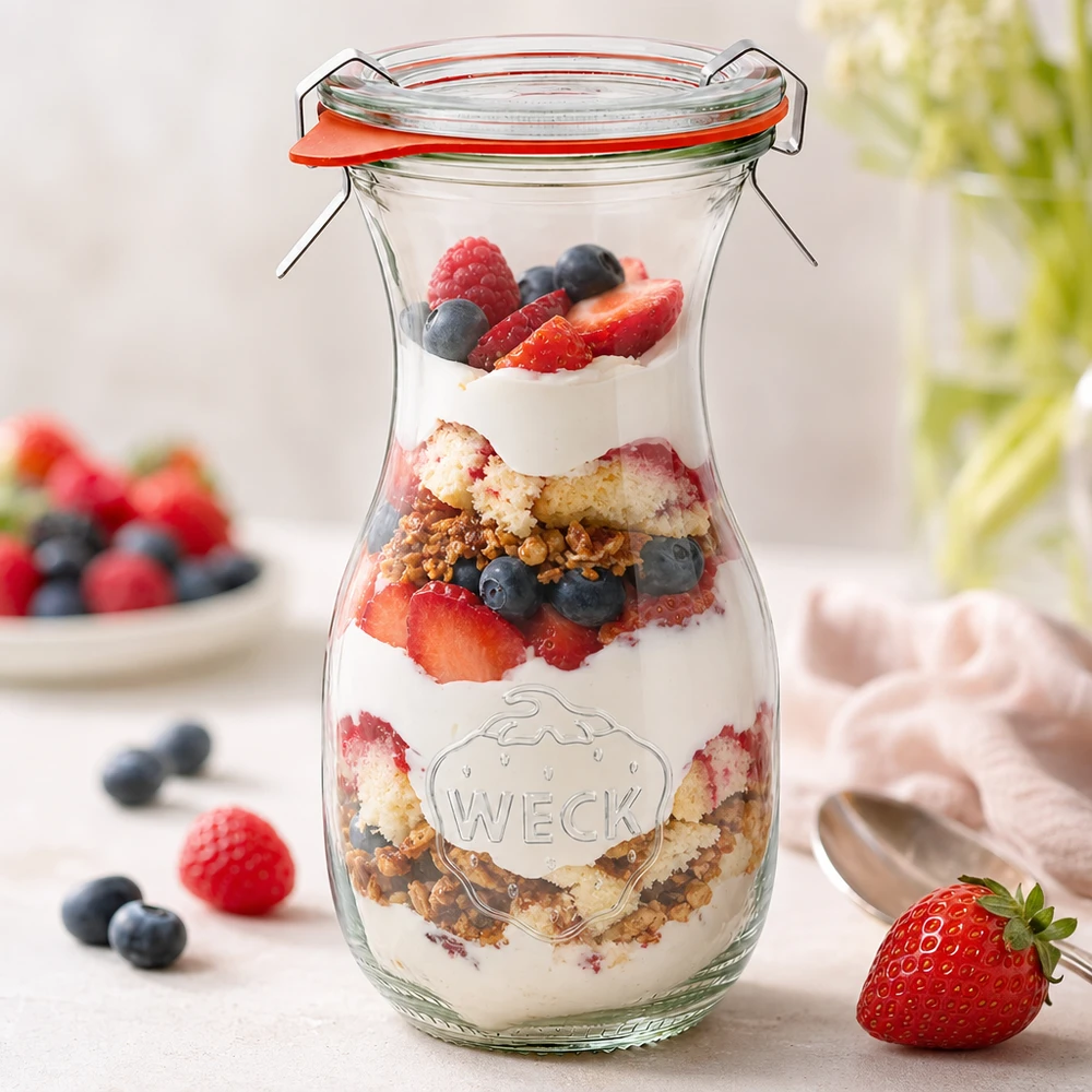 290 ml:n mehupullo, täydellinen WECK RR60 WECK-mehupullo 290ml RR60, jossa on jogurtti- ja granola-marjojen kerrosjälkiruoka luovana käyttöideana.