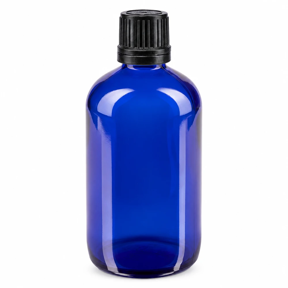 Apteekkipullo sininen 100ml ruuvikorkki musta valurengas sinetöityä sulkemista varten. 100 ml:n sininen lasinen apteekkipullo, jossa on musta alkuperäinen 8 mm:n korkki