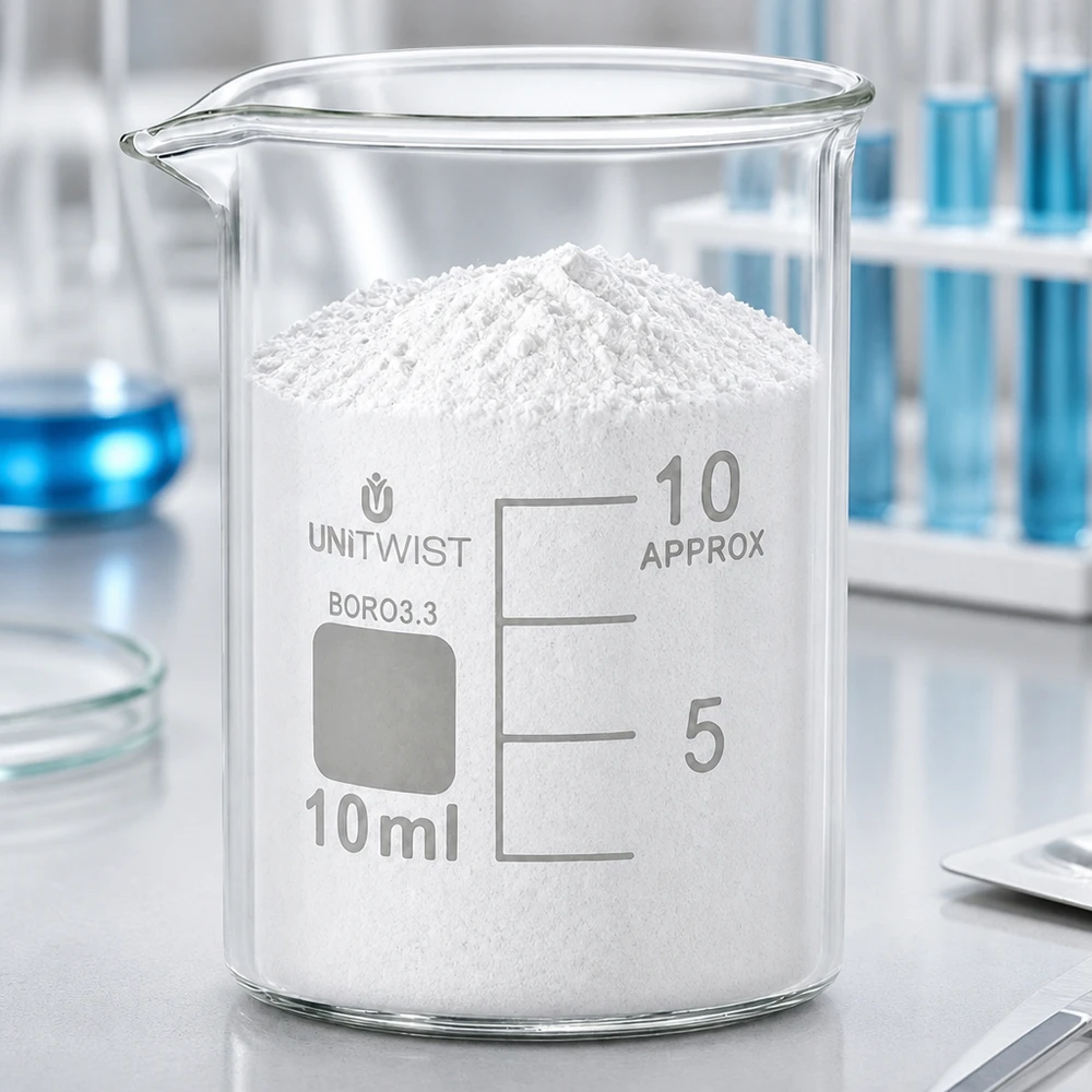 UNiTWIST-lasimalja, 10 ml, matala malli, täytetty valkoisella jauheella ammattimaisessa laboratoriossa