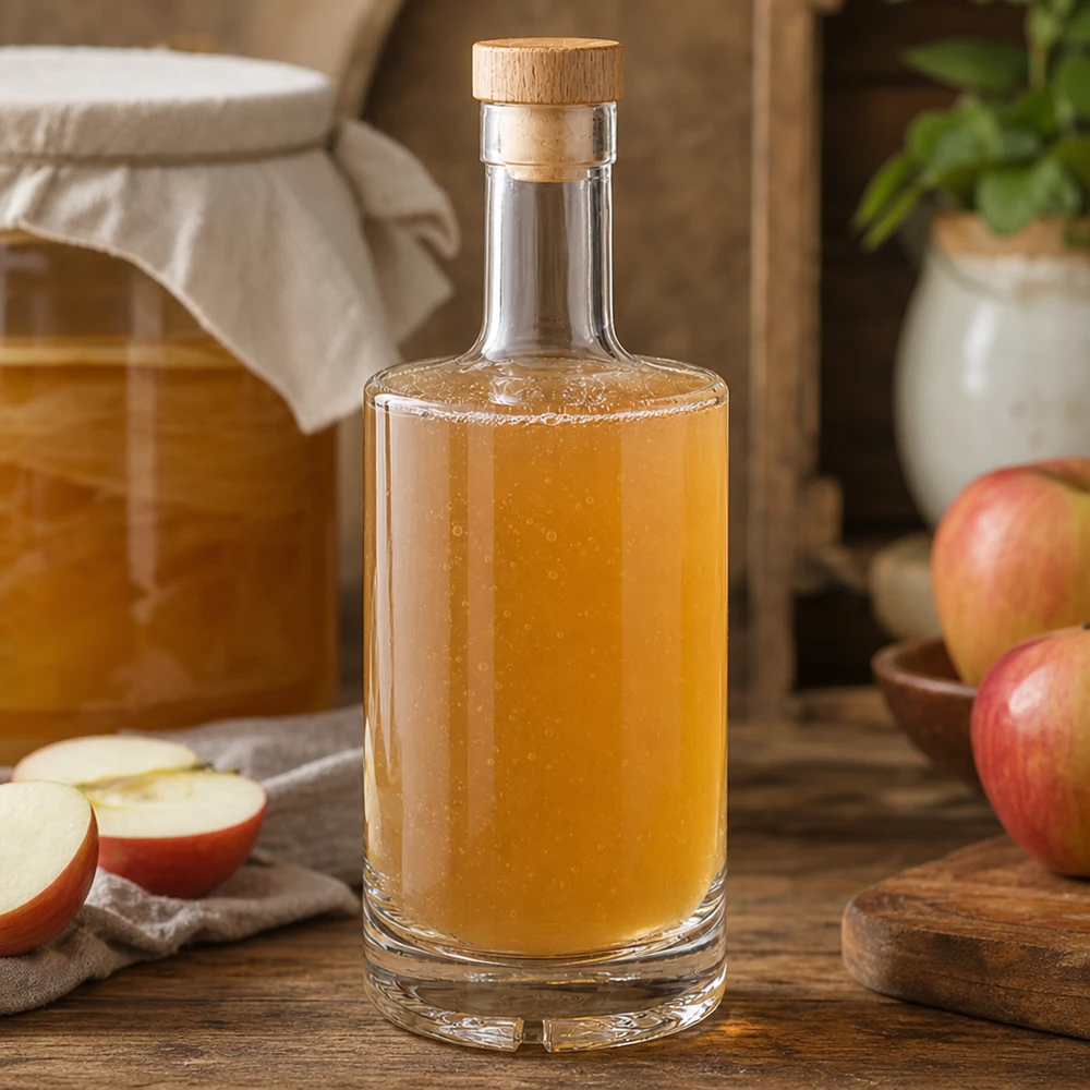 500ml Glasflasche "Passion" mit Holzgriffkorken UNiTWIST® 500ml Nora lasipullo täynnä omenamehua maalaismaisessa keittiössä, jossa on omenoita ja puukorkki UNiTWIST