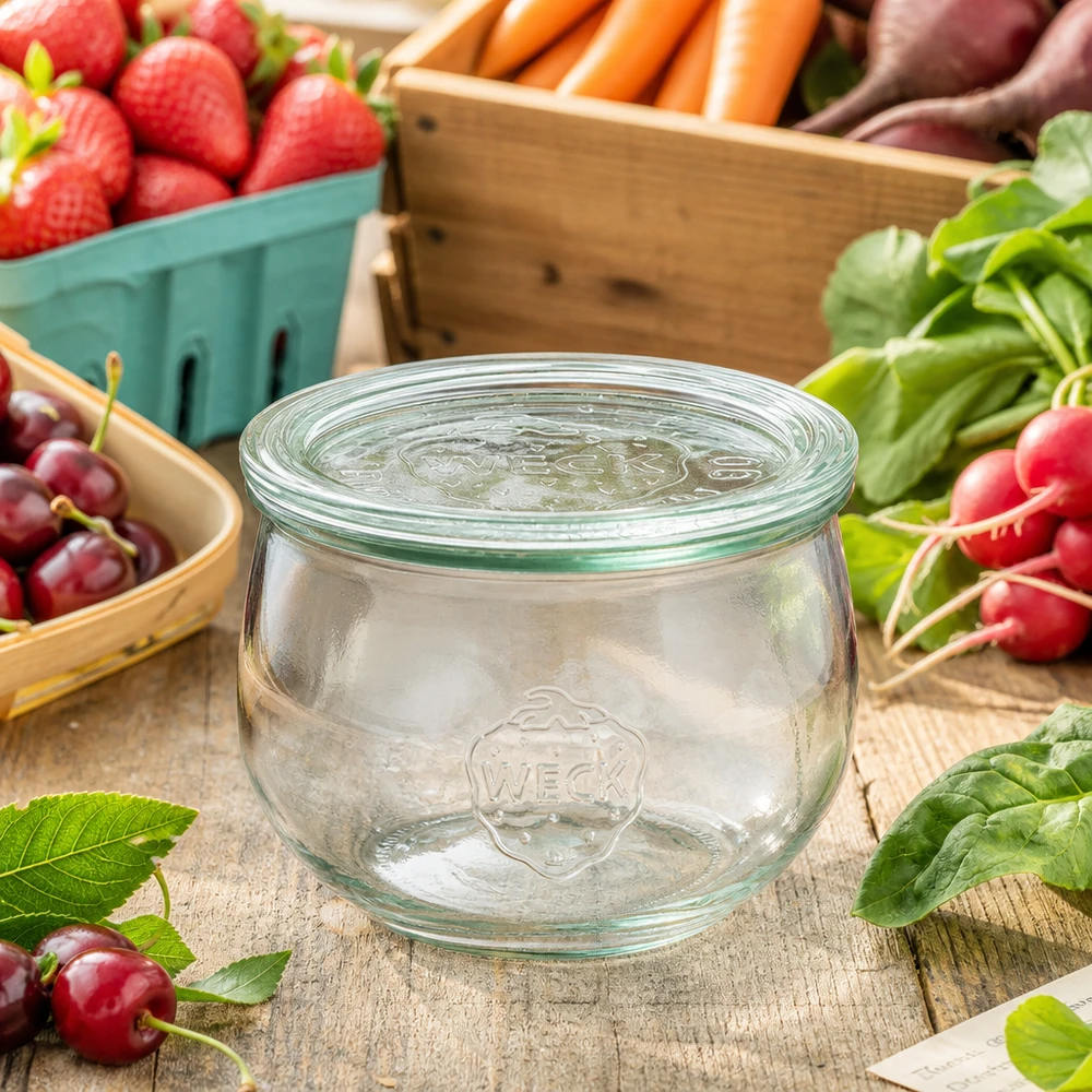 580ml tulppaanipurkki lasikannella WECK RR100 WECK tulppaanipurkki 580ml RR100 lasikannella, joka on sijoitettu tuoreiden hedelmien ja vihannesten väliin maalaismaisella puupöydällä.