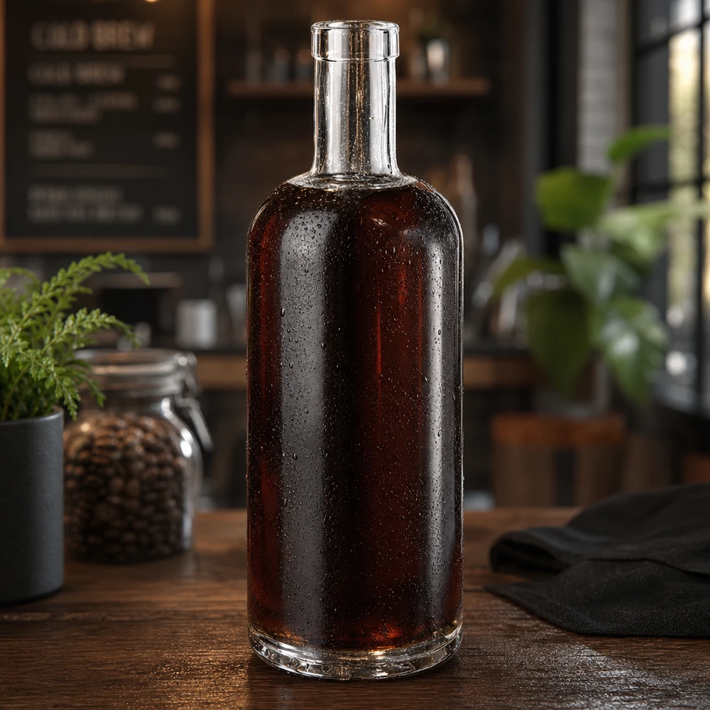 750ml Emma-lasipullo täynnä tummaa viskiä maalaismaisessa keittiössä, jonka pinnalla on vesipisaroita.