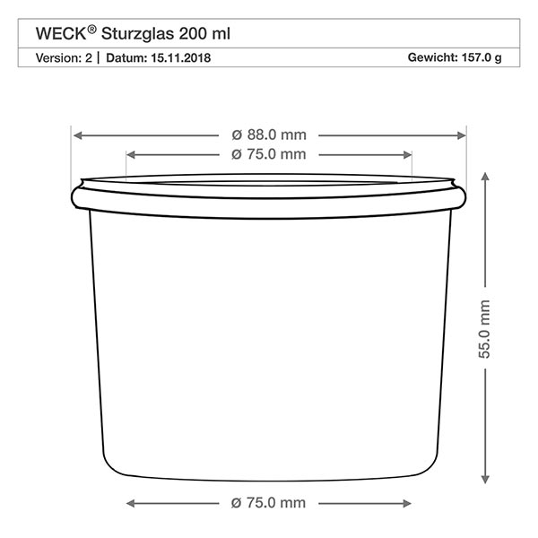 200ml juomalasit WECK RR80 puupallolla pyökki Tekninen piirustus WECK-maljat 200ml RR80, mitat 88mm halkaisija, 55mm korkeus, paino 157g.