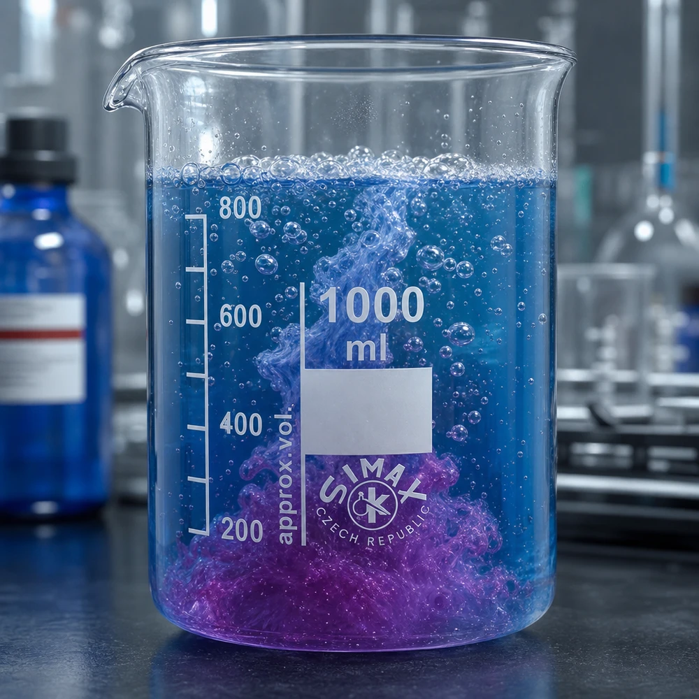 Borosilikaattilasista valmistettu 1000ml suuritilavuuksinen dekantterilasi, jossa on selkeät tilavuusmerkinnät laboratoriomittauksia varten.
