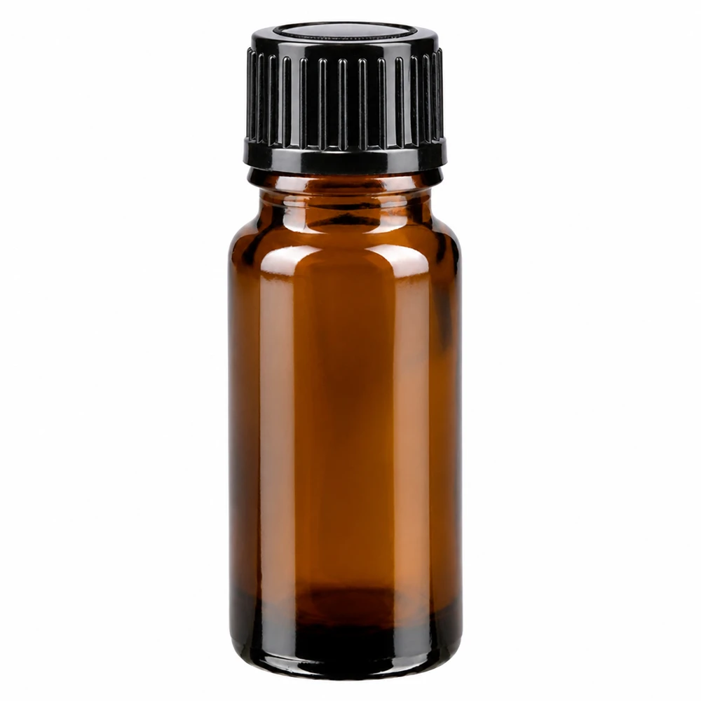 10 ml:n ruskea apteekkipullo ruskeasta lasista, jossa on musta tippakorkki STD 1 mm