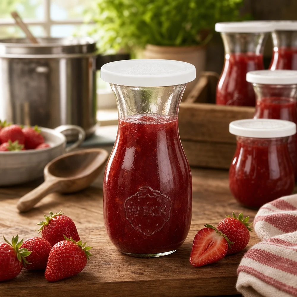 290 ml:n mehupullo tuoreuskannella, WECK RR60 WECK 290ml mehupullo täynnä punaista mansikkahilloa, jota ympäröivät tuoreet mansikat puupöydällä.