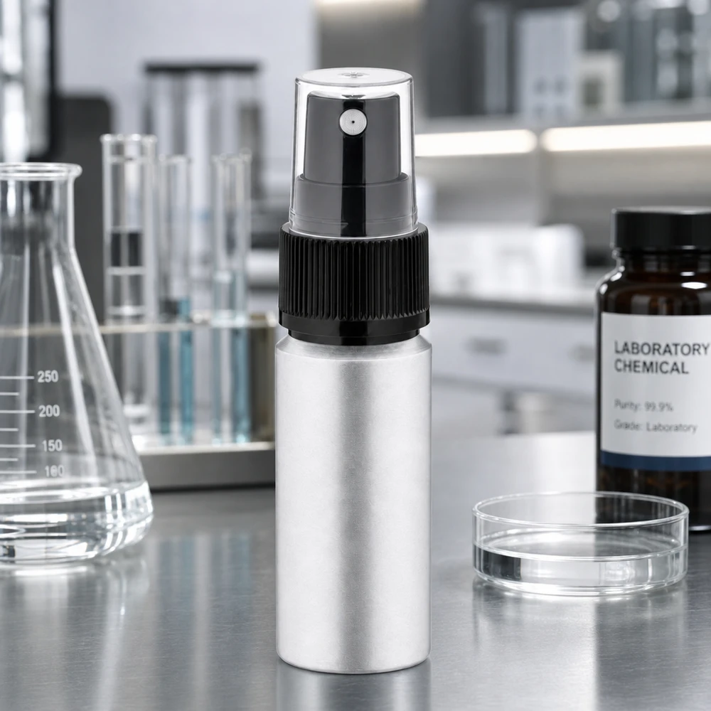 Pienikokoinen 20 ml:n peitattu alumiinipullo mustalla sumuttimella liikkuviin sovelluksiin.